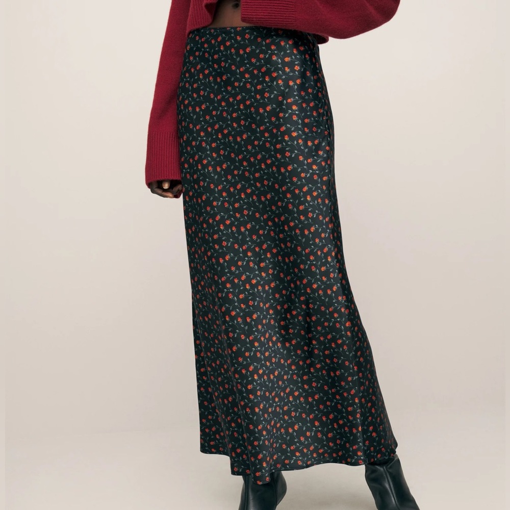 Reformation Black Floral Slip Skirt with Red Flowers